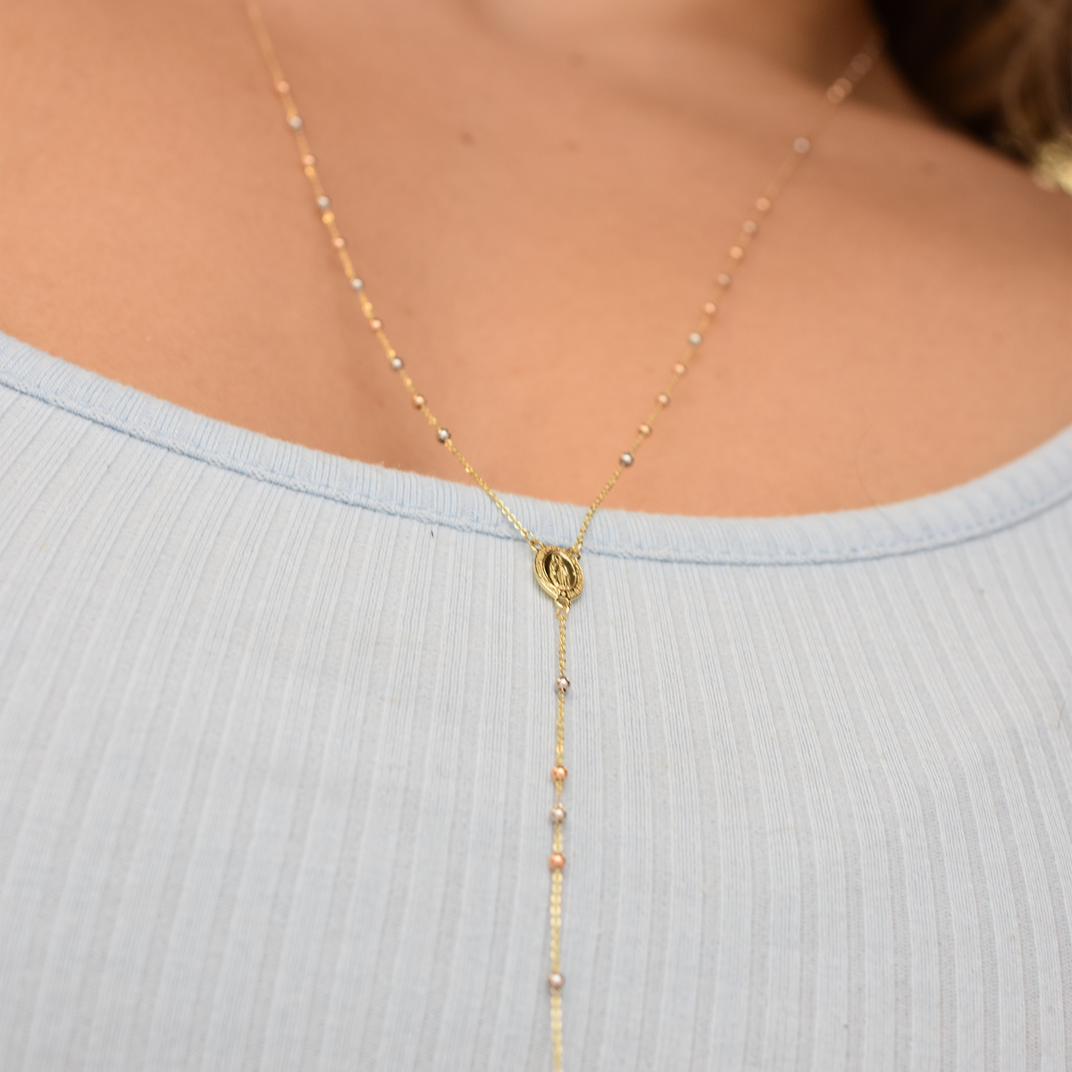 14k Tri-Tone Rosary Bead Necklace