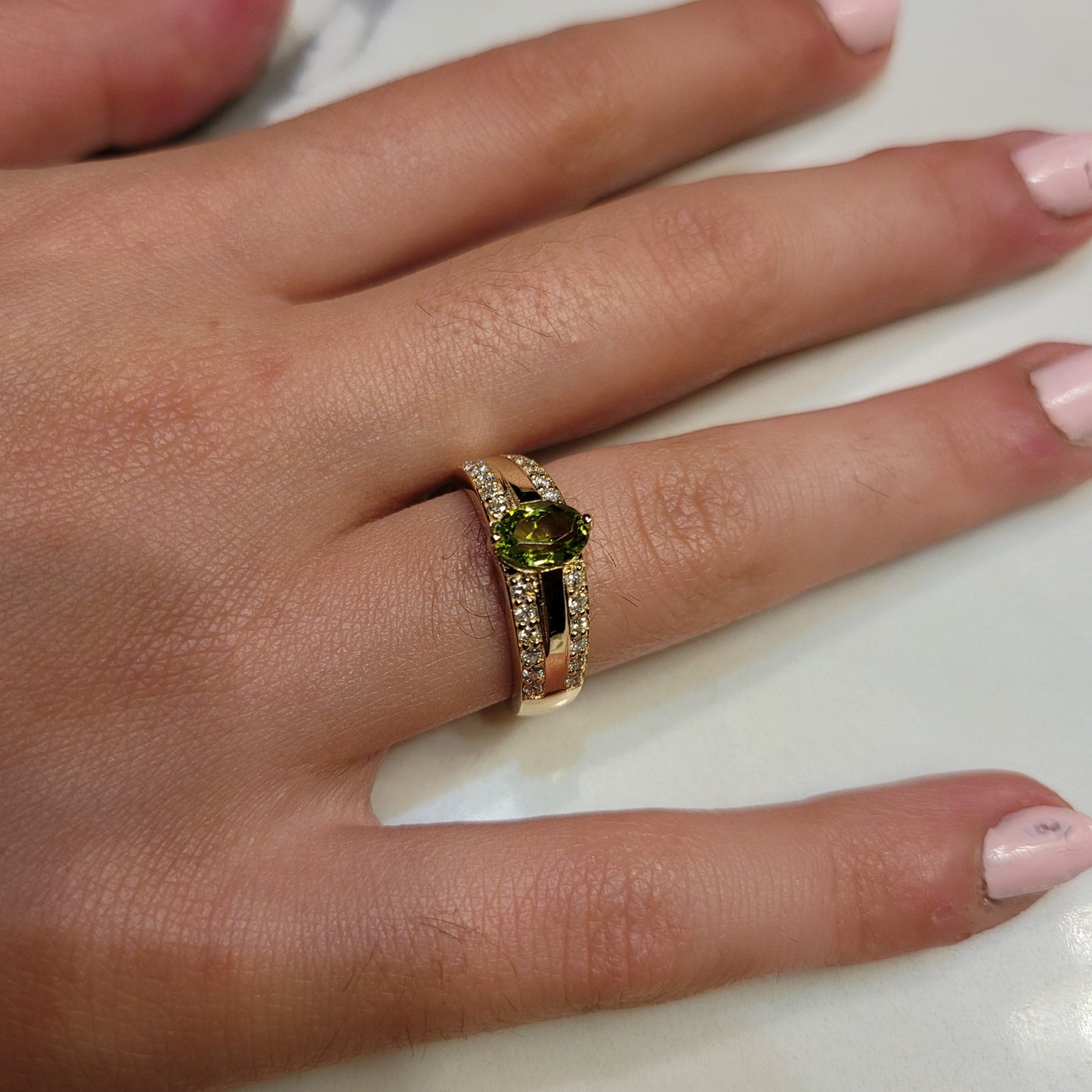 14K Gold Peridot and Diamond Ring