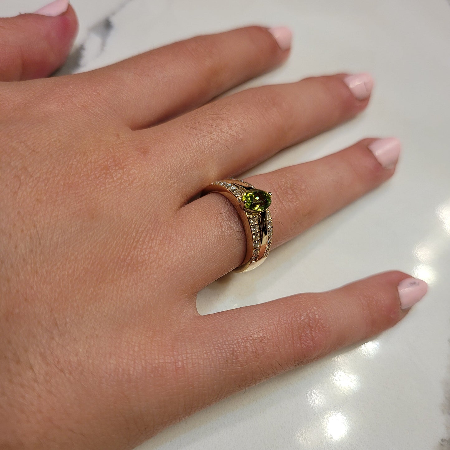 14K Gold Peridot and Diamond Ring