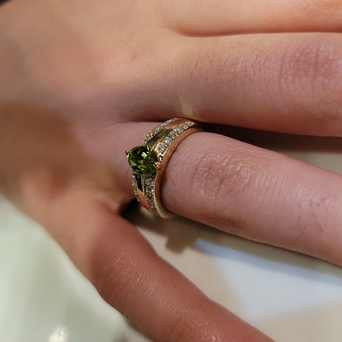 14K Gold Peridot and Diamond Ring
