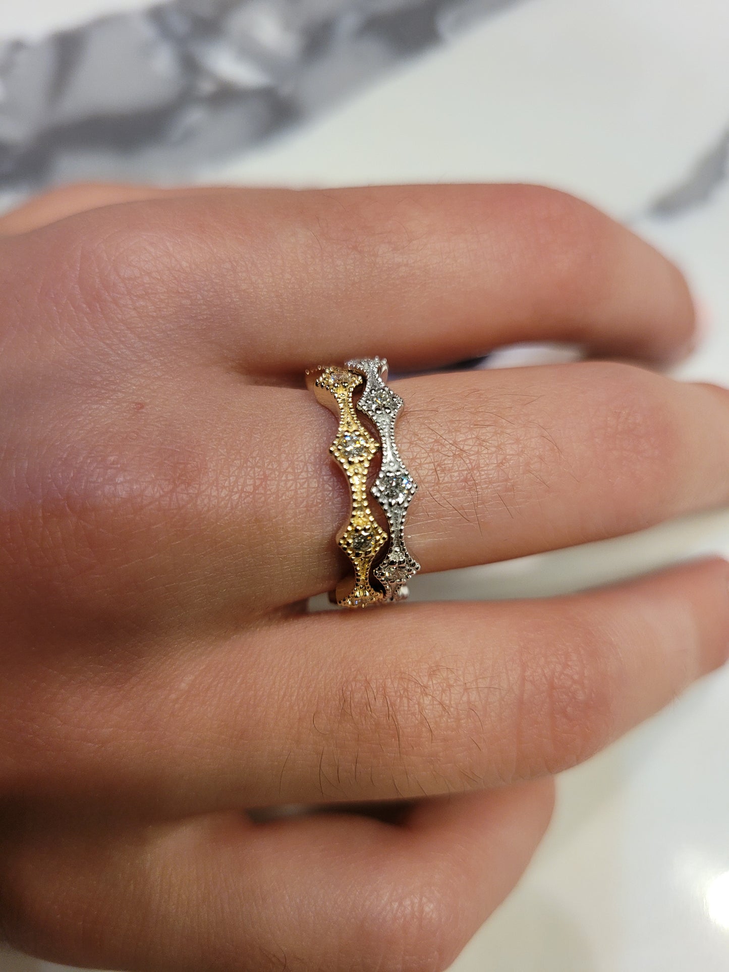 14K Gold Diamond Millgrain Wedding Band