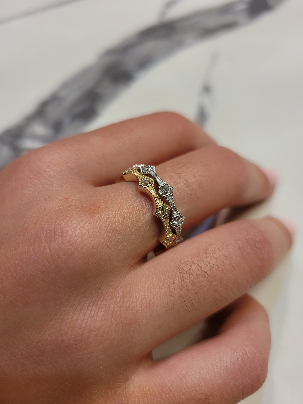 14K Gold Diamond Millgrain Wedding Band