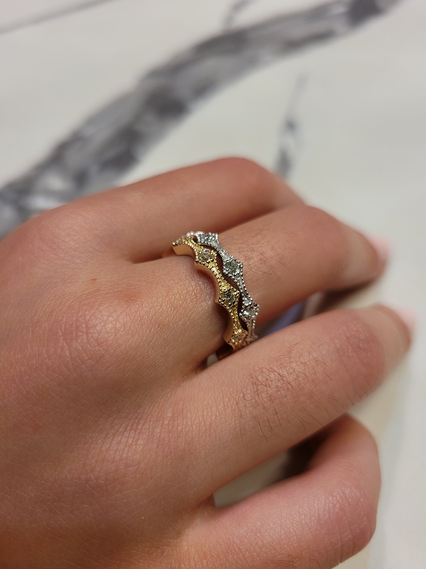14K Gold Diamond Millgrain Wedding Band