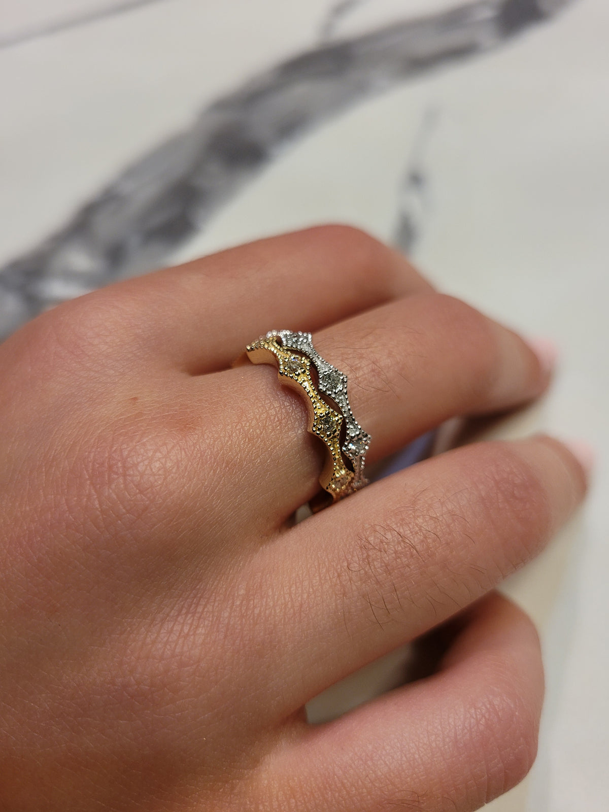14K Gold Diamond Millgrain Wedding Band