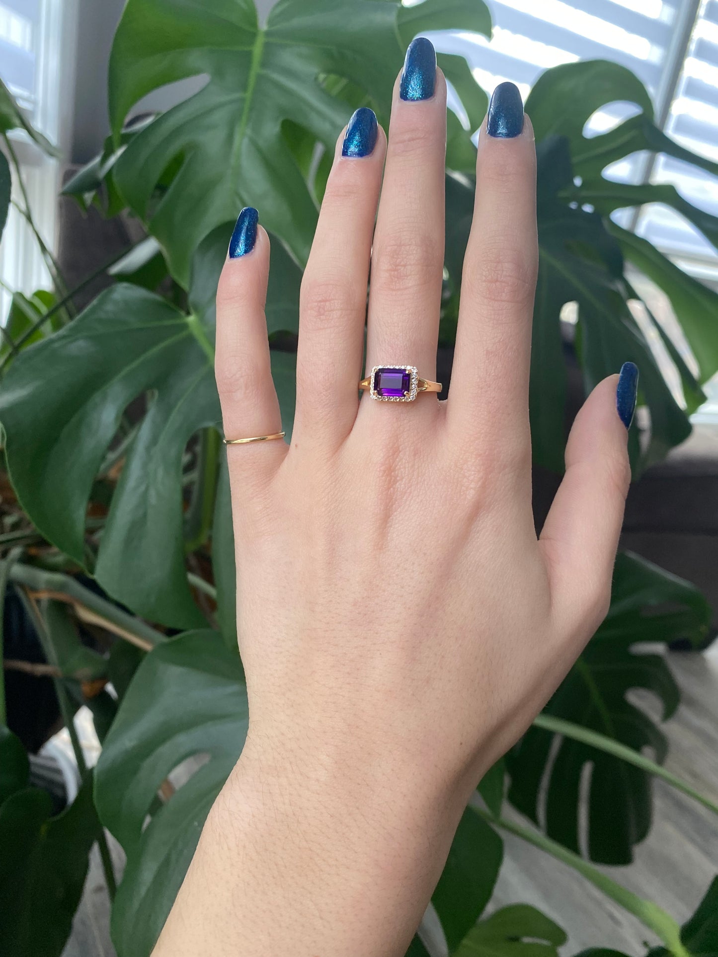 14k Emerald Cut Amethyst Diamond Ring