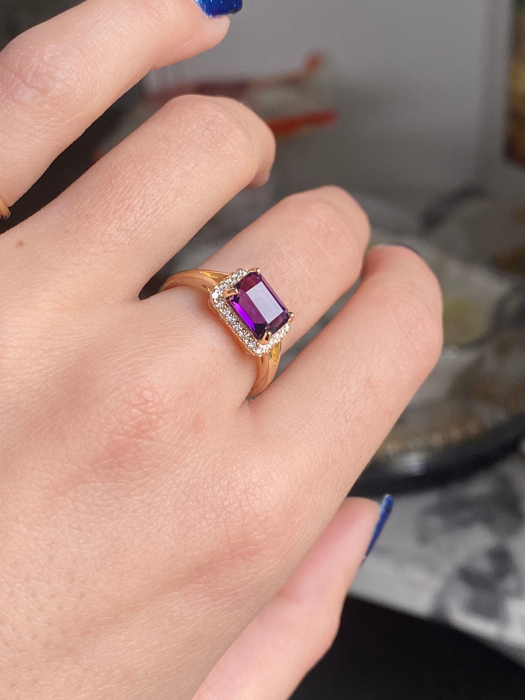 14k Emerald Cut Amethyst Diamond Ring