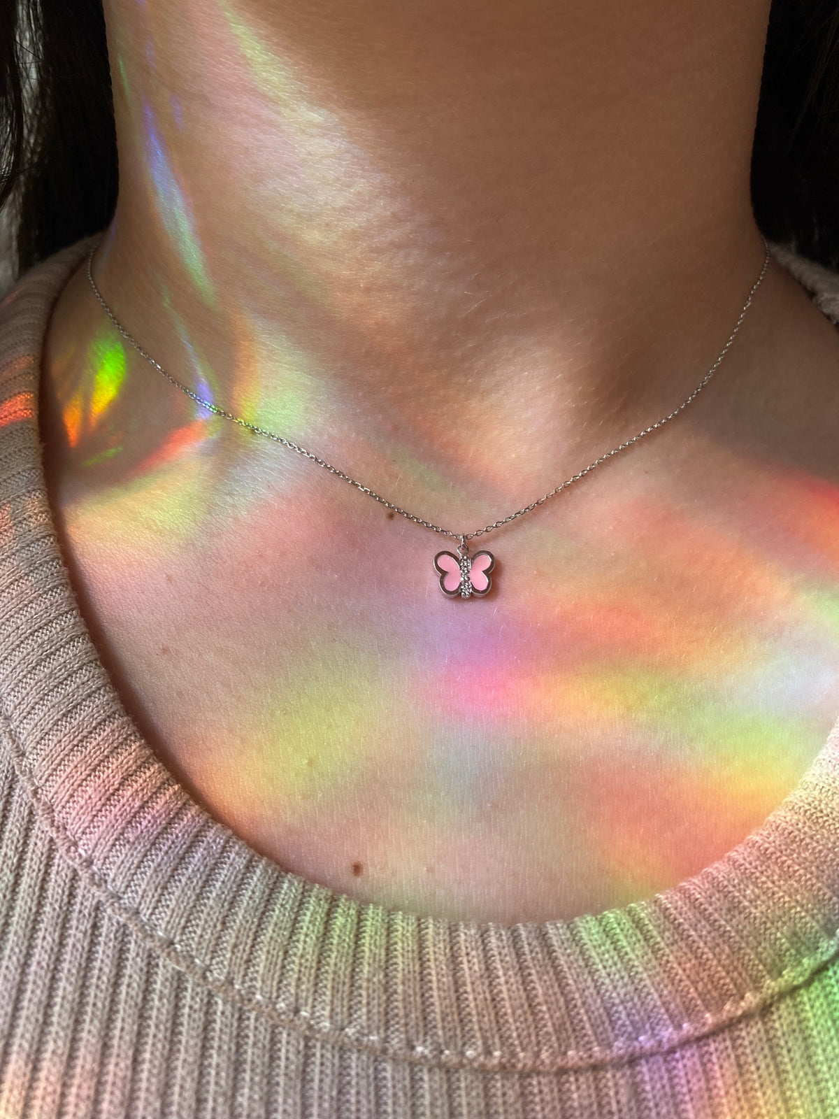 Pink Enamel Diamond Butterfly Necklace