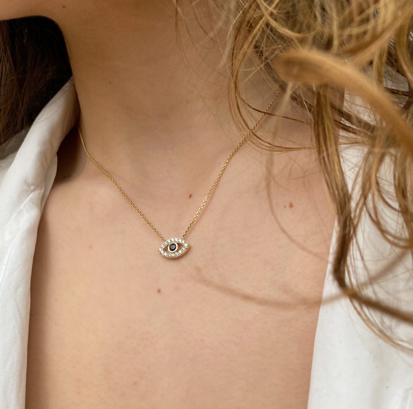 14k Diamond and Sapphire Evil Eye Necklace