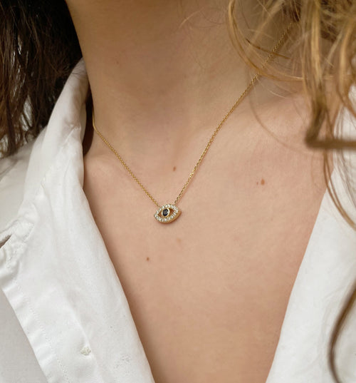 14k Diamond and Sapphire Evil Eye Necklace