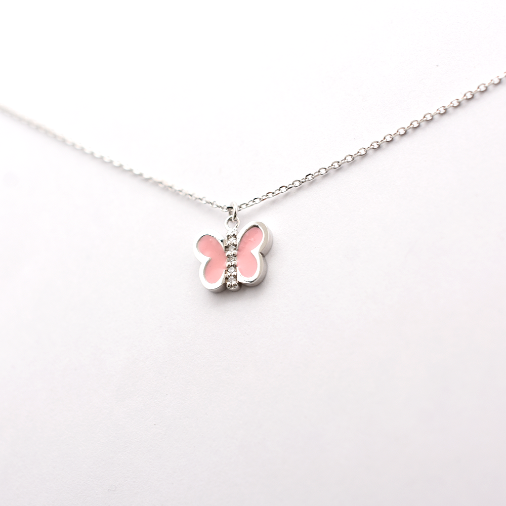 Pink Enamel Diamond Butterfly Necklace