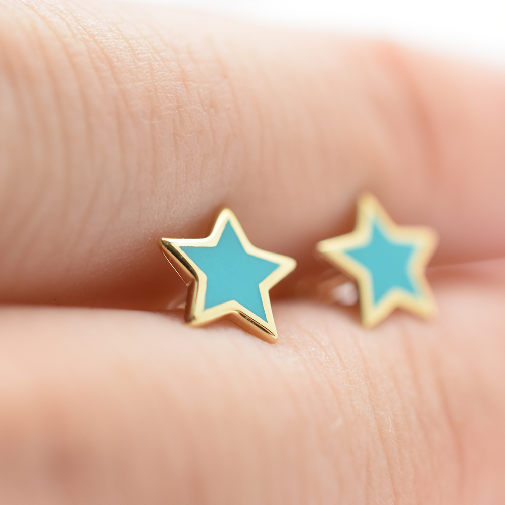 14k Gold Blue Enamel Star Earrings