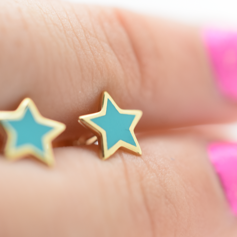 14k Gold Blue Enamel Star Earrings