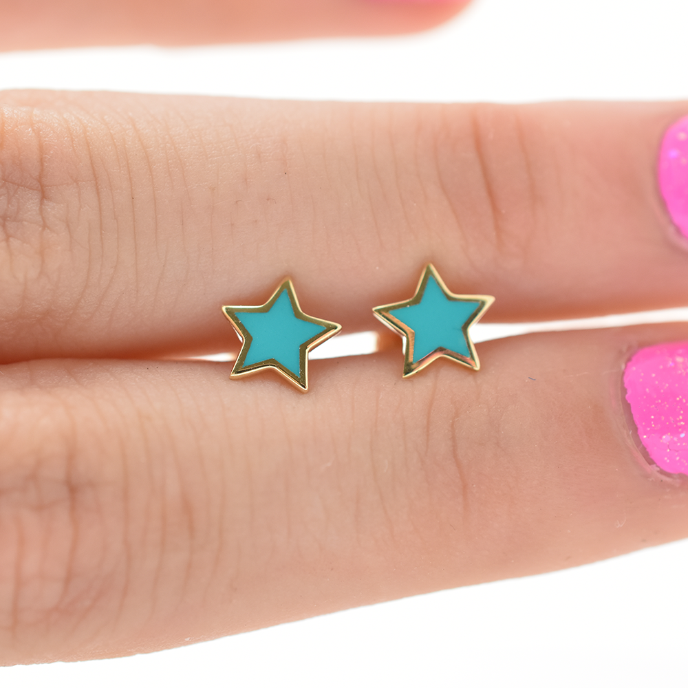 14k Gold Blue Enamel Star Earrings