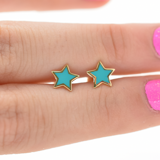 14k Gold Blue Enamel Star Earrings
