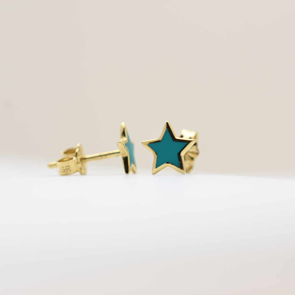 14k Gold Blue Enamel Star Earrings