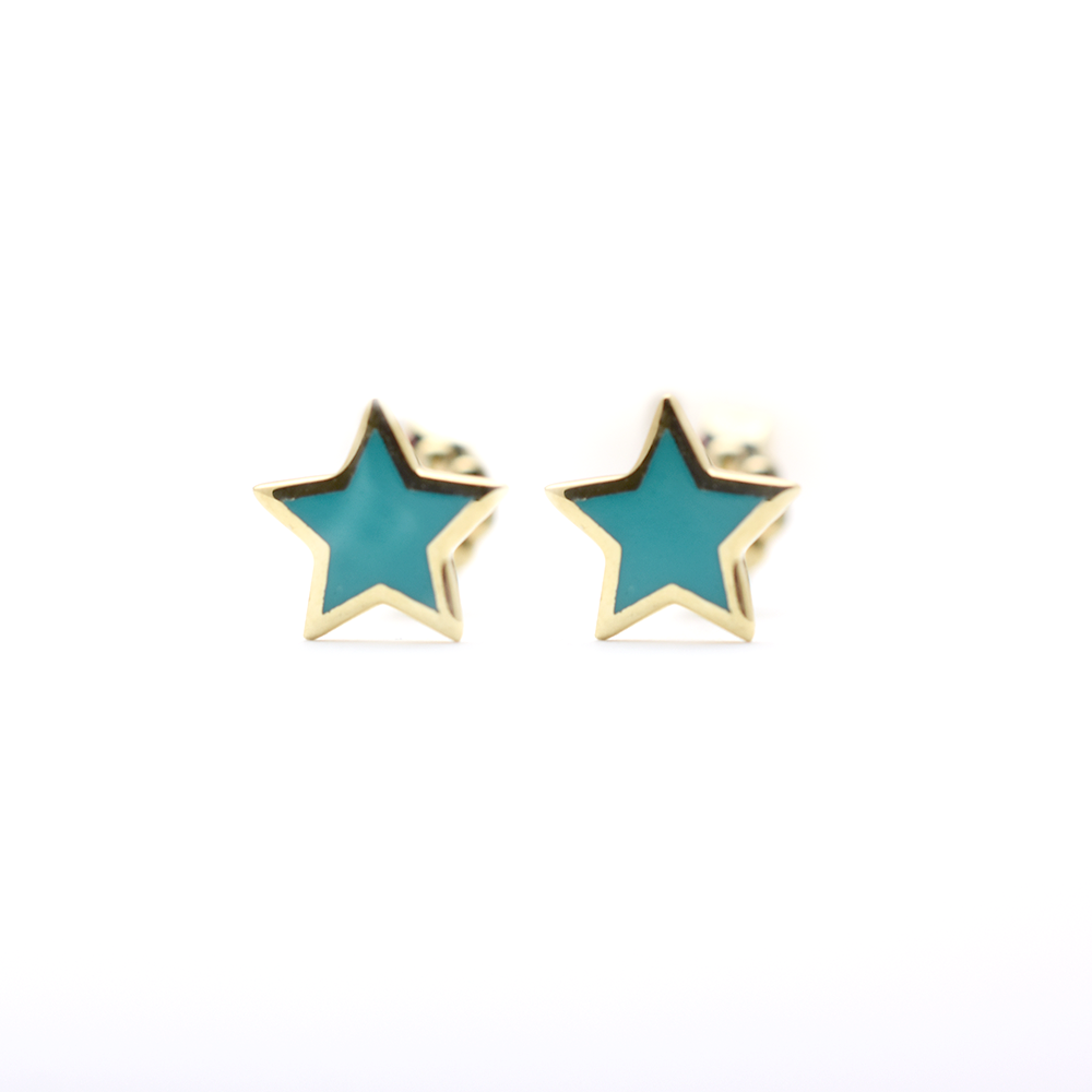 14k Gold Blue Enamel Star Earrings