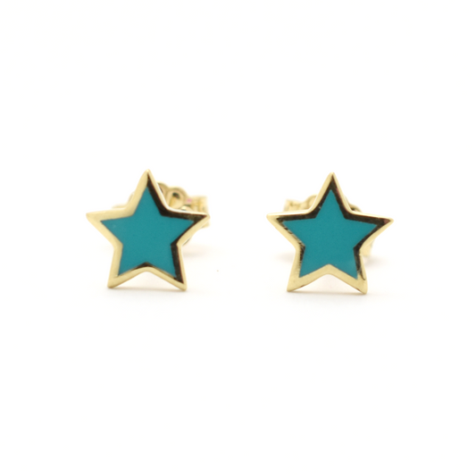 14k Gold Blue Enamel Star Earrings
