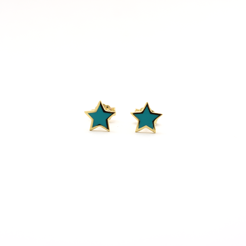 14k Gold Blue Enamel Star Earrings