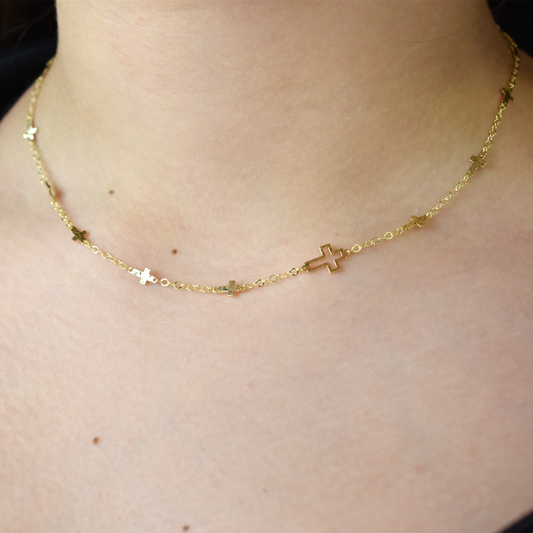 14K Gold Cross Station Necklace