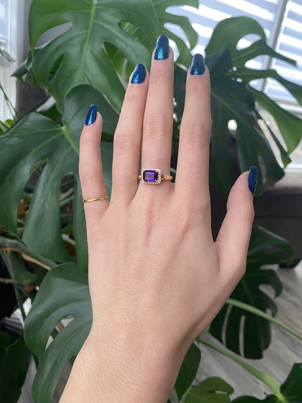 Emerald cut natural Amethyst and diamond ring  on hand