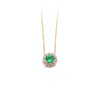 14k yellow gold emerald and diamond halo necklace with green emerald center stone, May birthstone jewelry