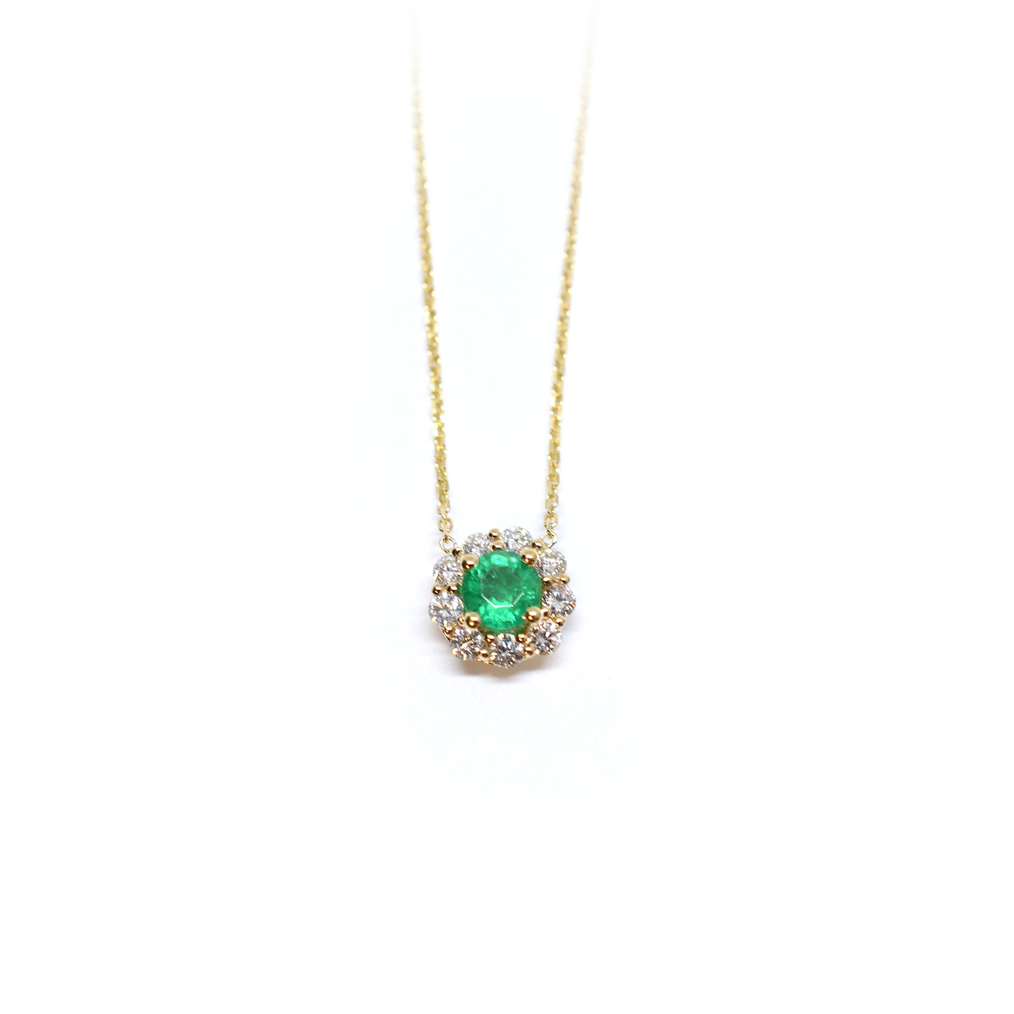 14k yellow gold emerald and diamond halo necklace with green emerald center stone, May birthstone jewelry