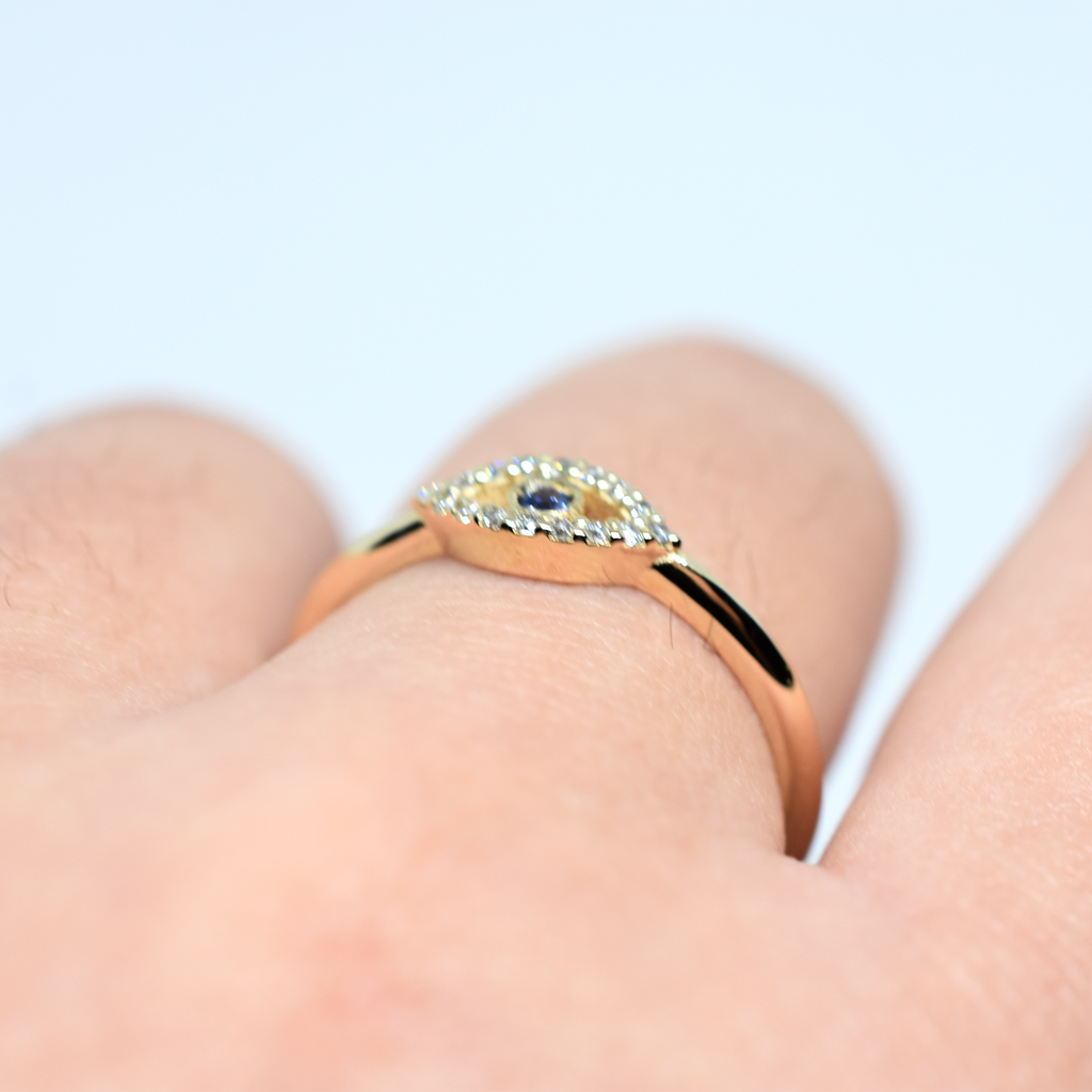14K Gold Evil Eye Diamond and Sapphire Ring