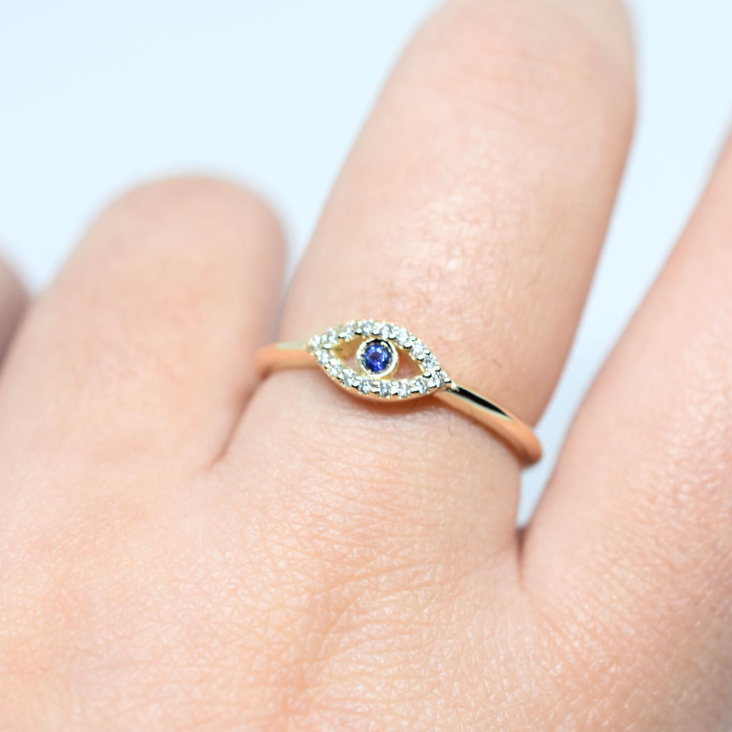 14K Gold Evil Eye Diamond and Sapphire Ring