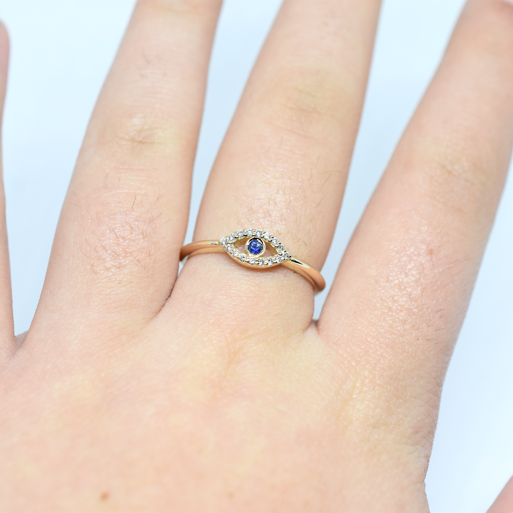 14K Gold Evil Eye Diamond and Sapphire Ring
