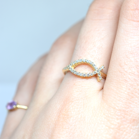 14K Gold Diamond Ichthys Fish Ring