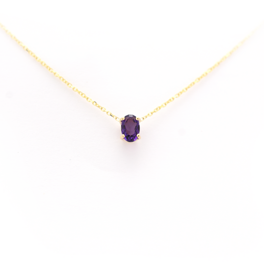 14k gold and natural oval Amethyst necklace set in a 4 prong setting