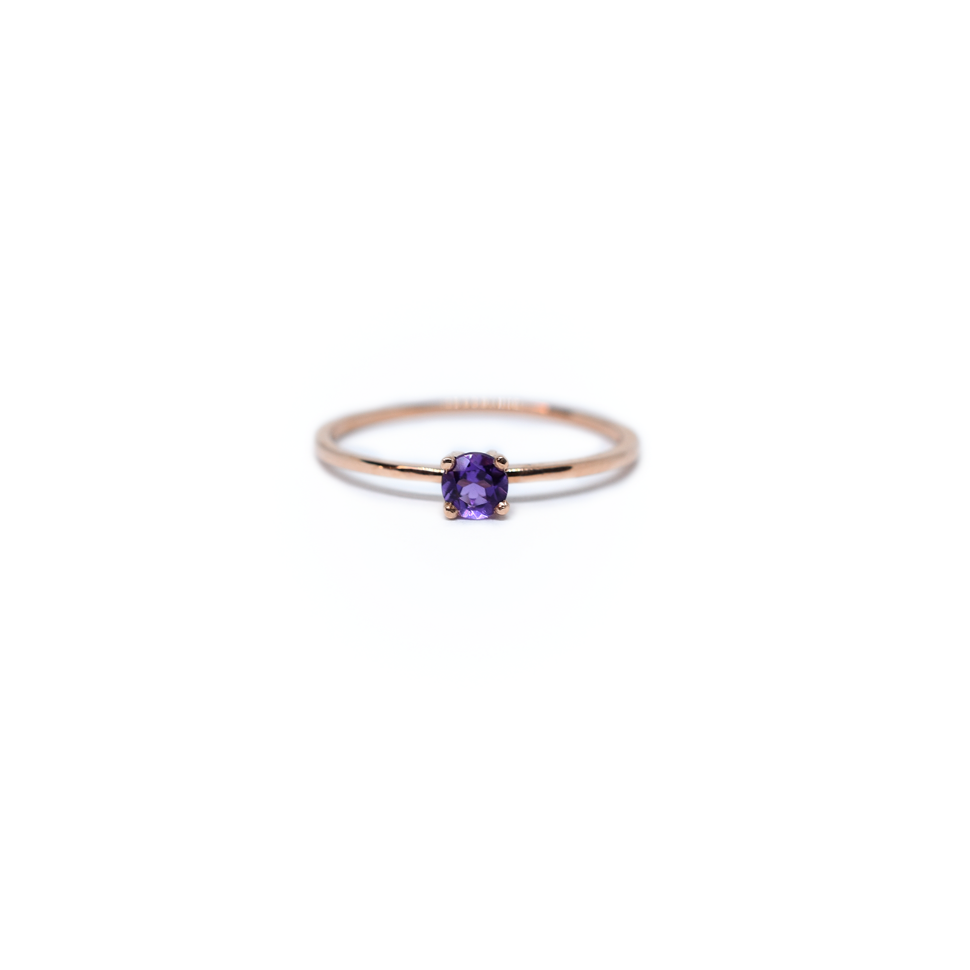 14k rose gold round-cut amethyst solitaire ring with slim gold band, dainty February birthstone jewelry