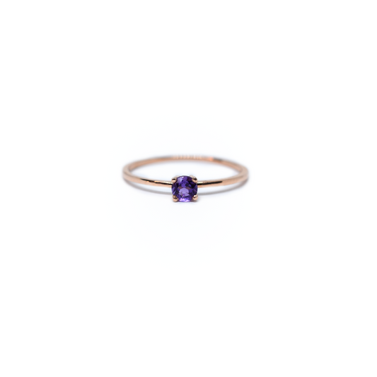 14k rose gold round-cut amethyst solitaire ring with slim gold band, dainty February birthstone jewelry