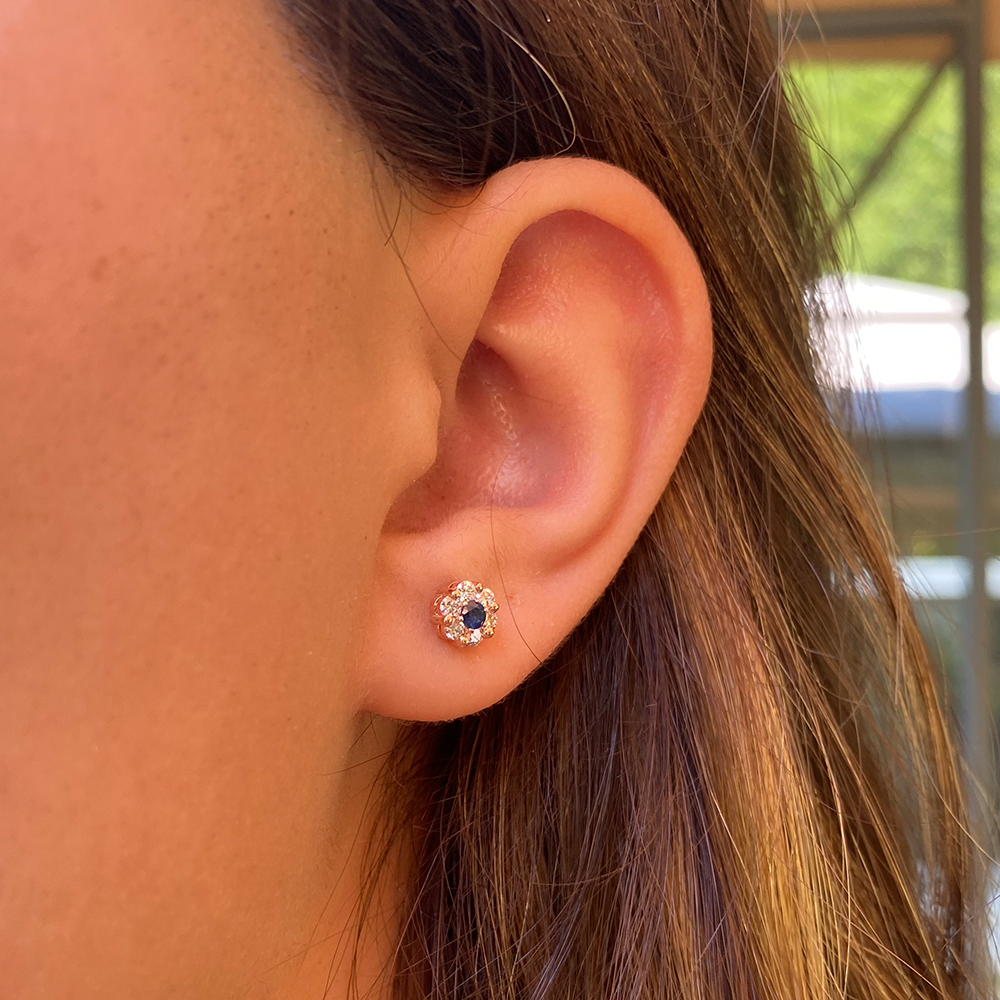 14k Diamond Sapphire Cluster Flower Earrings