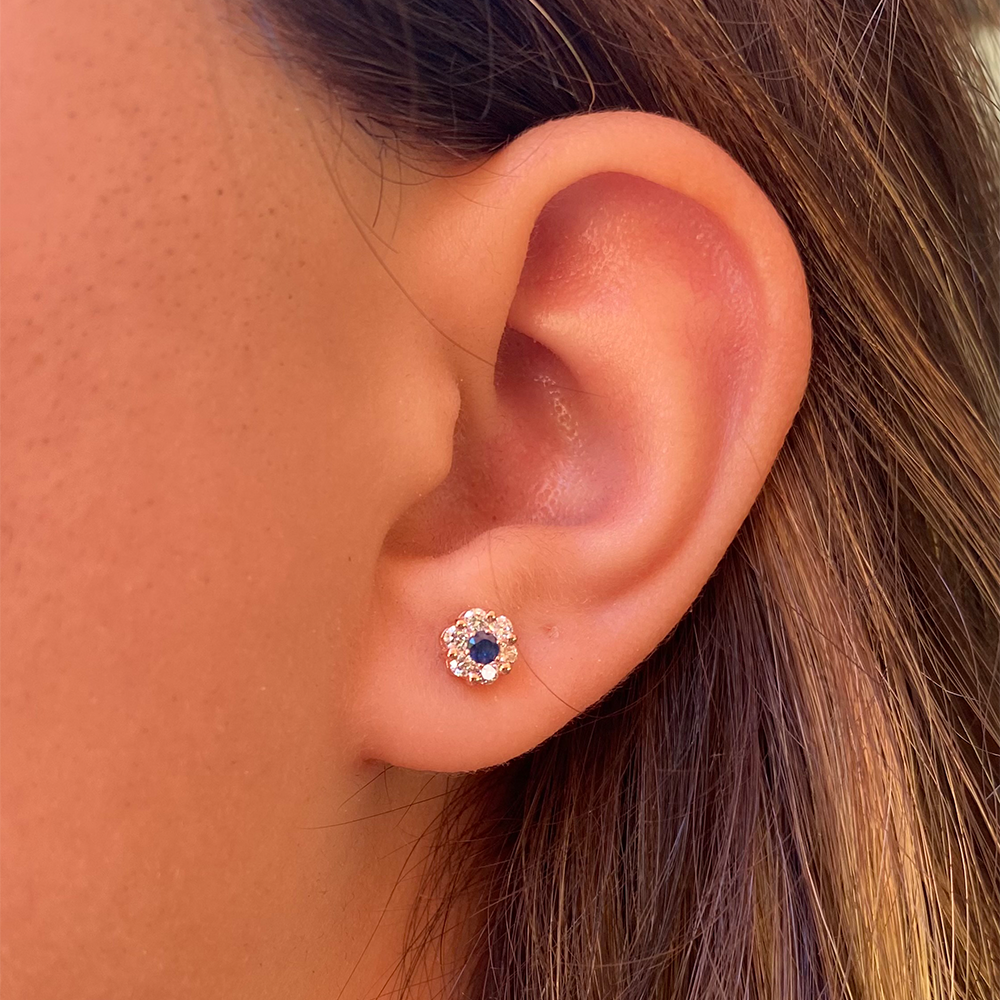14k Diamond Sapphire Cluster Flower Earrings